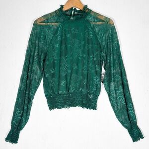 Jolie & Joy NEW Emerald Green Floral Lace Smocked Blouse Womens L Romantic